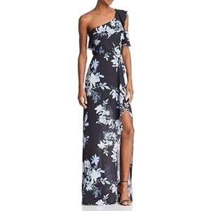 BCBG Max Azria One Shoulder Blue Floral Print Evening Gown Dress